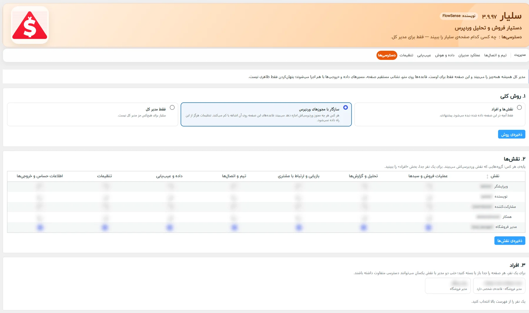 صفحهی دسترسیها، بخش روش کلی: نقشها و افراد، سازگار با مجوزهای وردپرس یا فقط مدیر کل