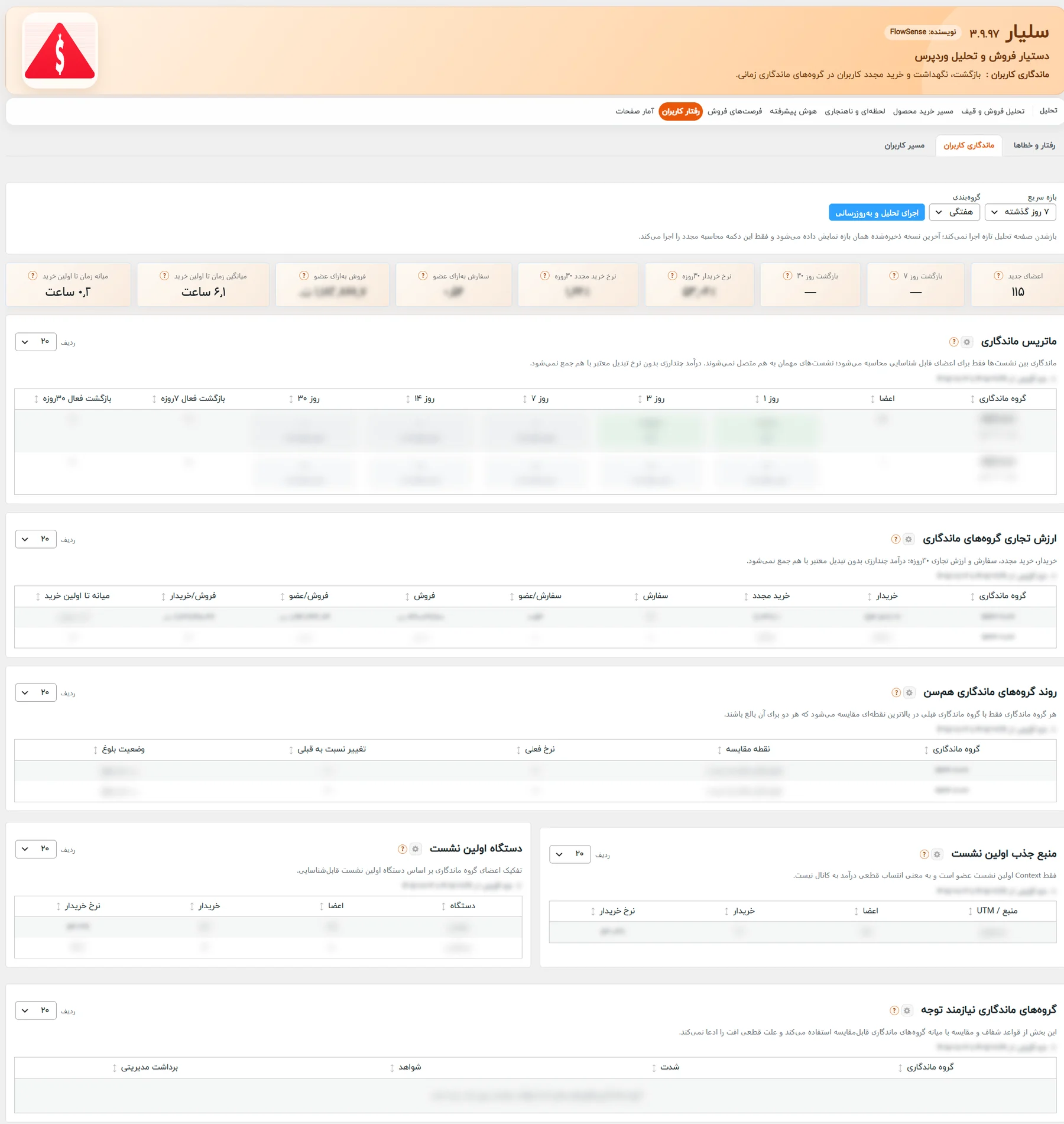 زیرتب ماندگاری کاربران در سلیار Pro: بازه و گروهبندی، کارتهای بازگشت و ماتریس ماندگاری